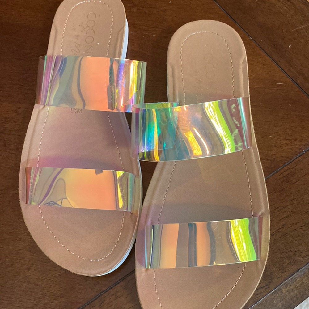 Flat sandal slide with golden tone multi color translucent double stap